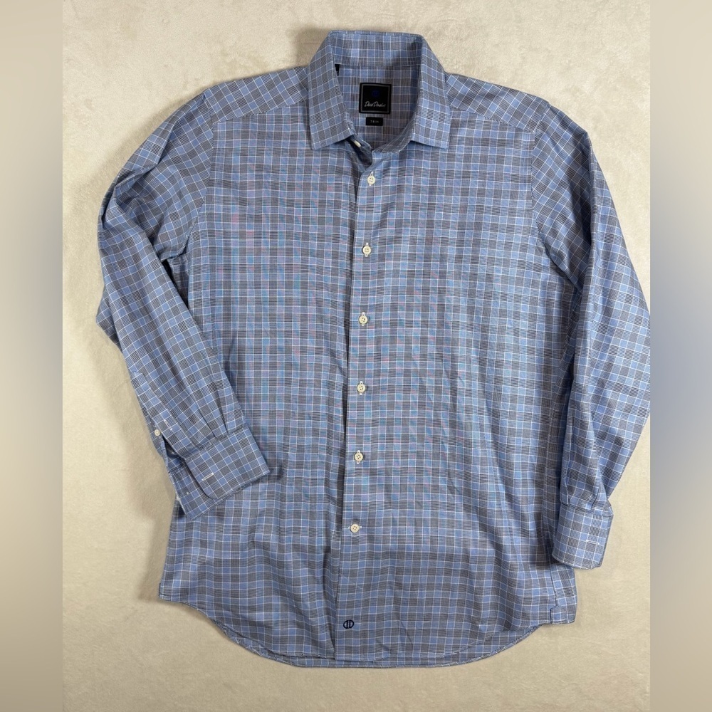 David Donahue 16 32/33 Blue Gingham Check Trim Fit Dress Shirt Spread Collar
